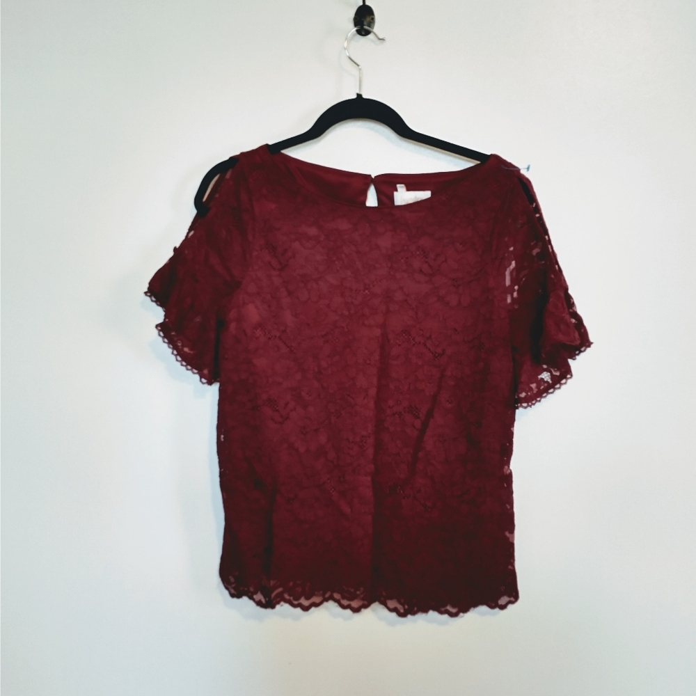 Laundry by Shelli Segal maroon cold shoulder shirt sleeve top lace and lined siz